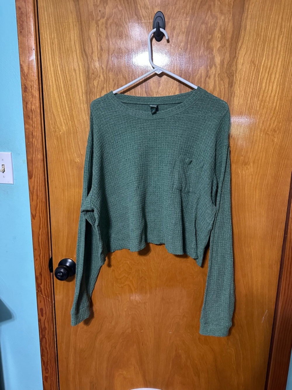 wild fable Olive Green Waffle-Knit Cropped Crewneck Sweater